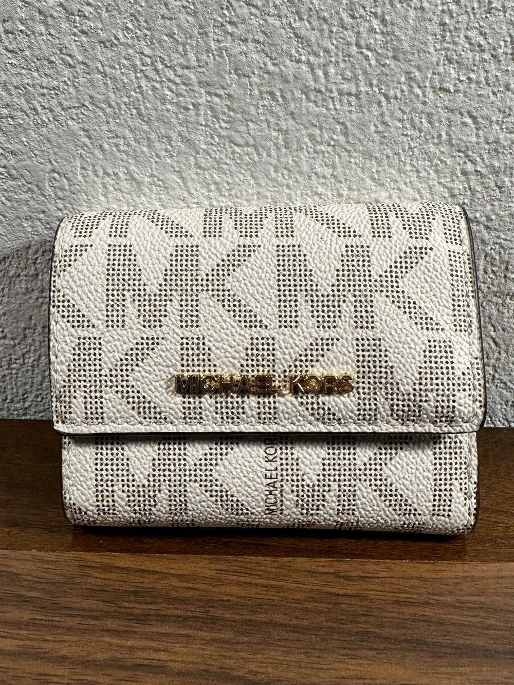 Michael Kors Cream Logo Compact Wallet with Gold Hardware